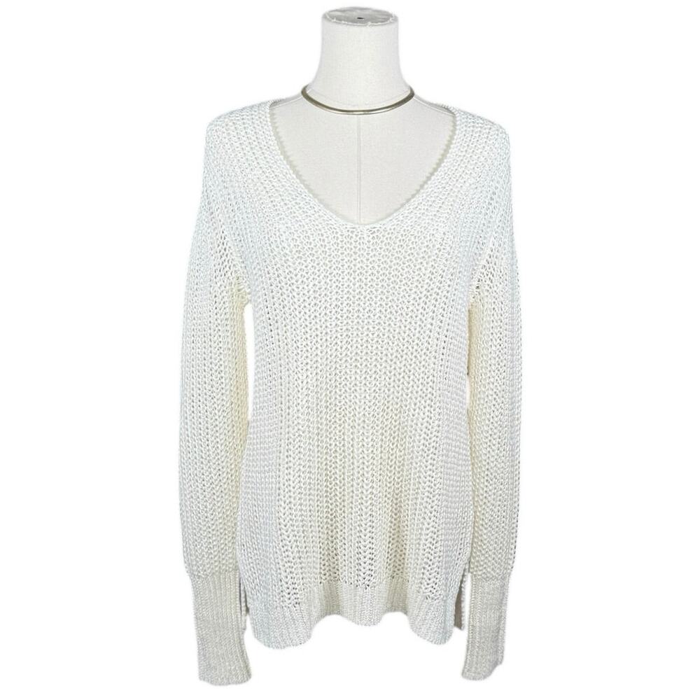 Banana Republic Italian Linen Open Knit Sweater Top Cream Coastal Lightweight M